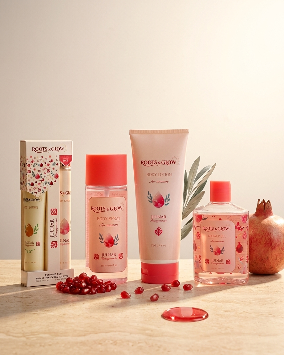 Julnar Body Lotion for women resting on a bed of split pomegranates.