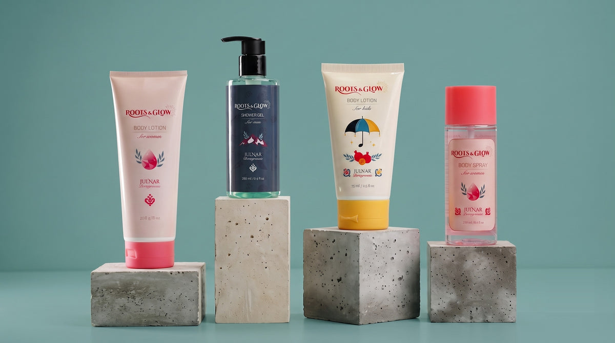 Four Julnar products standing on concrete plinths against a teal backdrop.