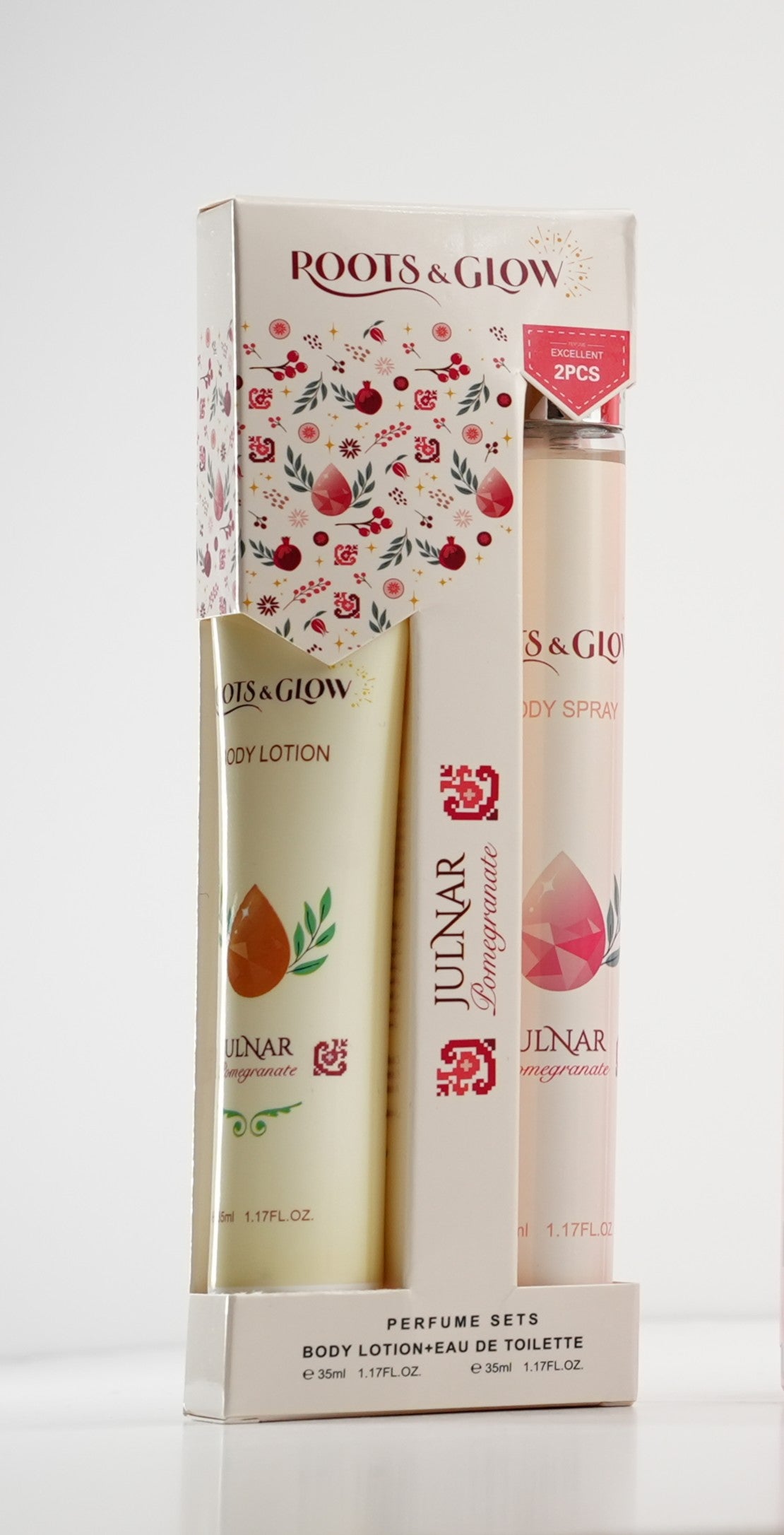 Julnar Purse Set in its carton: a mini body lotion and a mini body mist, side by side