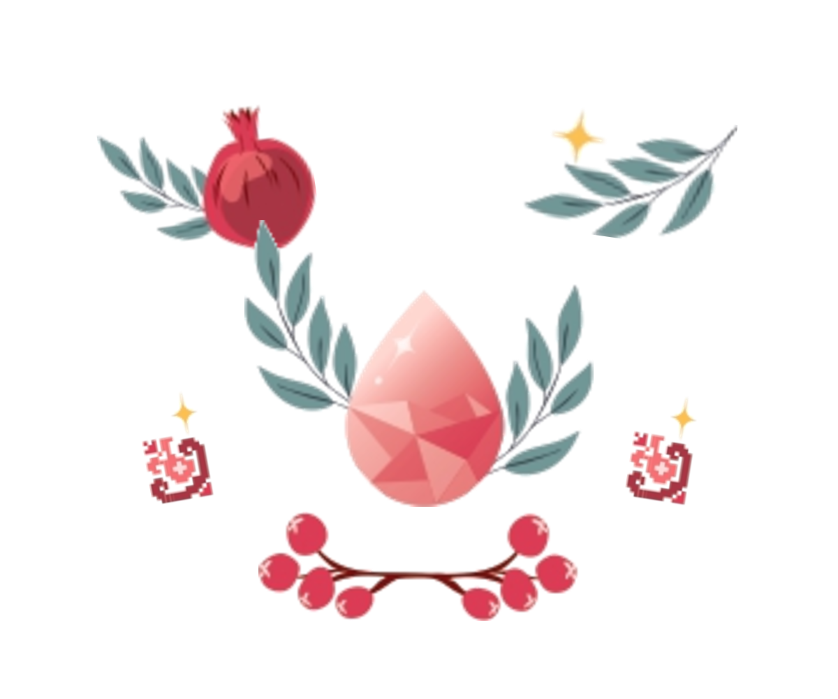 Julnar motifs drawn from cross-stitch embroidery: a pomegranate, leaf sprigs, a berry branch and two embroidered squares.